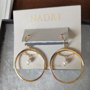 Nadri Faux Pearl Earrings Gold Plate Hoop NWT